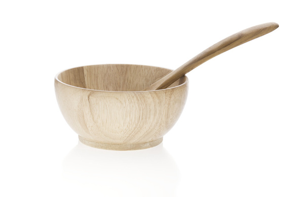 Salad wood bowl with spoon isolated on white background - Фото, изображение