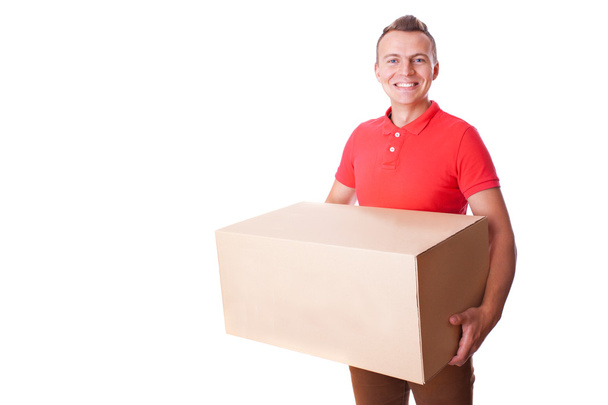 счастливый улыбающийся человек с коробками
 - Фото, изображение