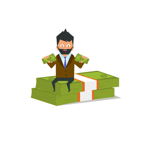 Happy businessman sitting on a pile of dollars. - Vector, Image