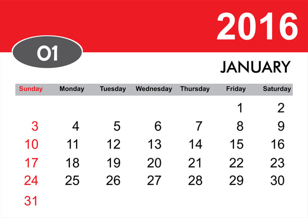 2016 januari kalender - Vector, afbeelding