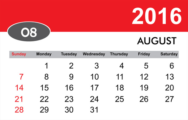 2016 calendario de agosto
 - Vector, Imagen