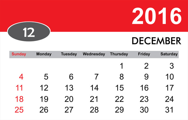 Ημερολόγιο Δεκεμβρίου 2016 - Διάνυσμα, εικόνα