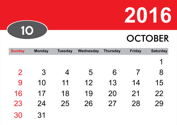 Calendário de outubro 2016
 - Vetor, Imagem