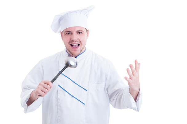 Cocinero o chef sosteniendo cucharón y cantando
 - Foto, Imagen