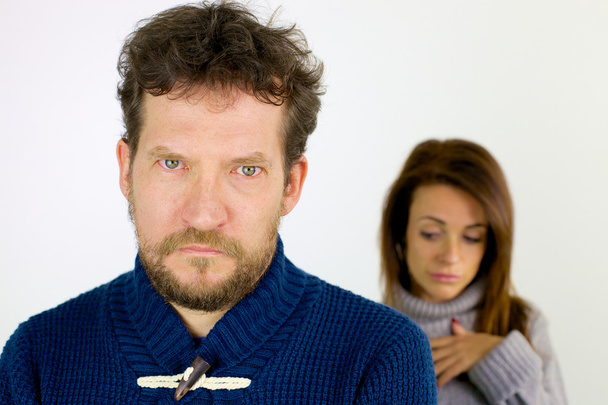 Man angry with girlfriend looking camera - Foto, Imagen