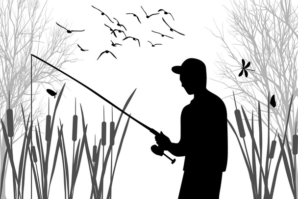 釣りには、ステッキの間で釣り人のシルエット - ベクター画像