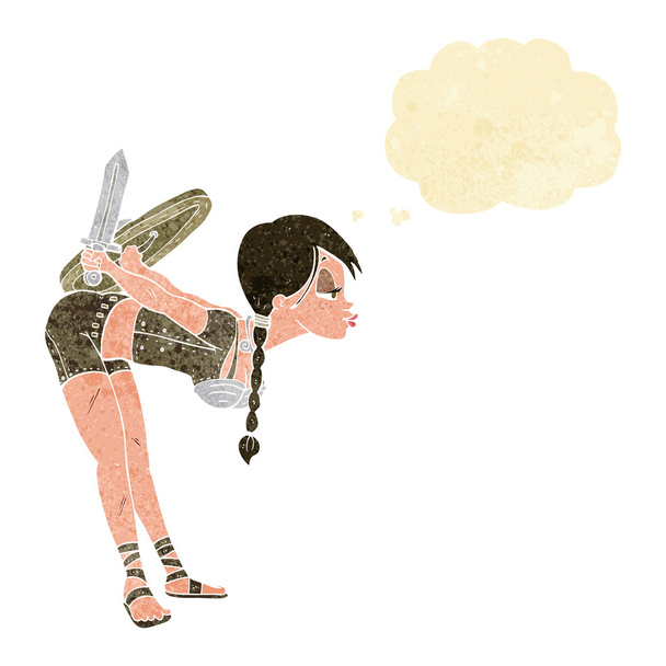 dibujos animados vikingo chica inclinación con el pensamiento burbuja
 - Vector, Imagen