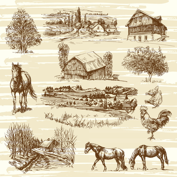 kırsal manzara ve evler - elle çizilmiş koleksiyonu - Vektör, Görsel