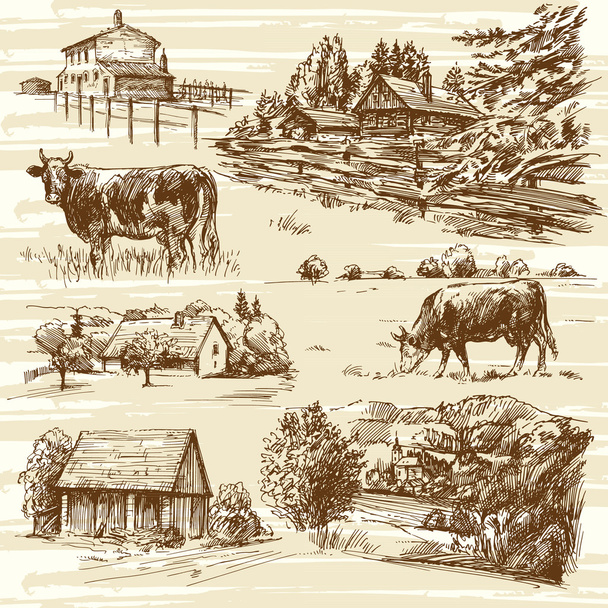 Azienda agricola, mucche, paesaggio rurale - set disegnato a mano
 - Vettoriali, immagini