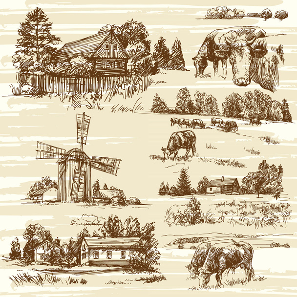 Ferme, vaches, paysage rural - ensemble dessiné à la main
 - Vecteur, image
