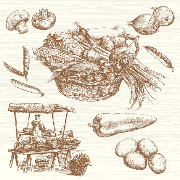 Produtos hortícolas num mercado de agricultores, conjunto desenhado à mão
 - Vetor, Imagem