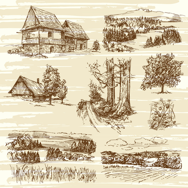 rural landscape and houses - hand drawn collection - Vector, Image