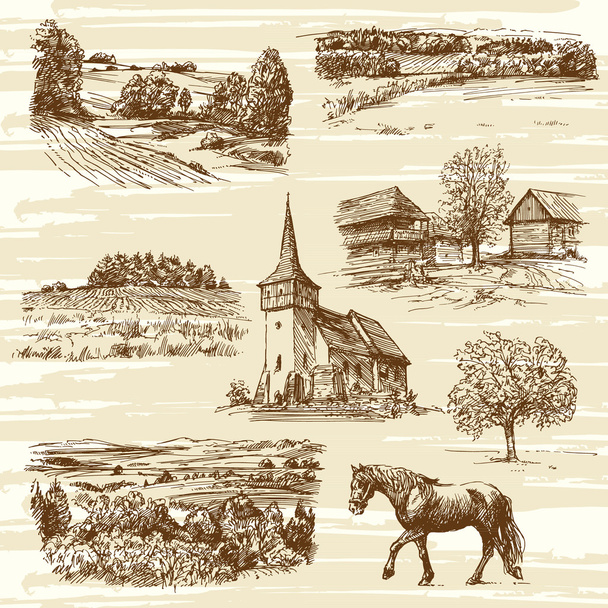 paisagem rural e casas - coleção desenhada à mão
 - Vetor, Imagem