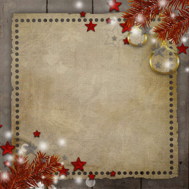 Retro Christmas background with pine, ball, stars, lights and co - 写真・画像