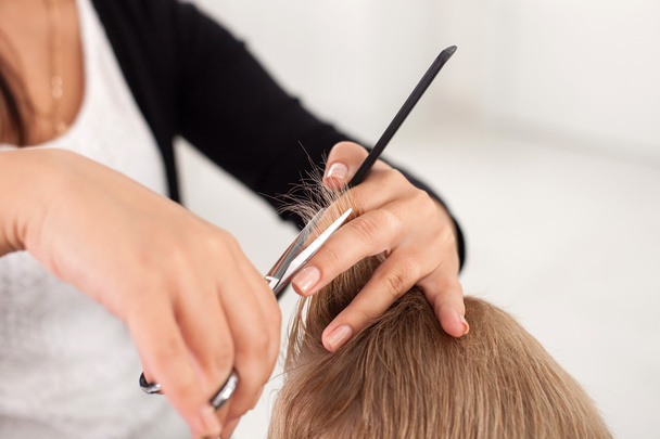 Professional young hairstylist is cutting hair of boy - Photo, Image