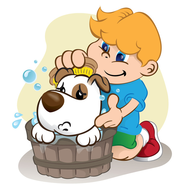 Illustration of a child bathing in a dog. Ideal for visual, informative and institutional material communication - ベクター画像