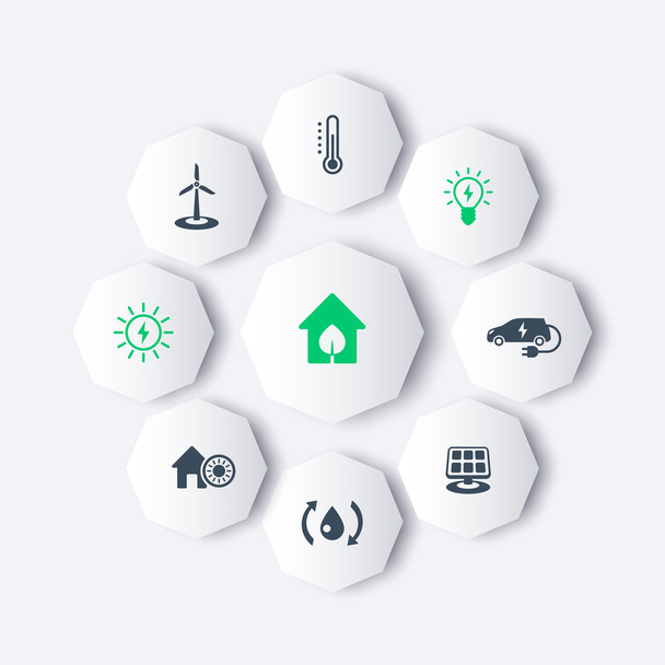Green ecologic house, ecofriendly, energy saving technologies, octagon modern icons - Vector, Imagen