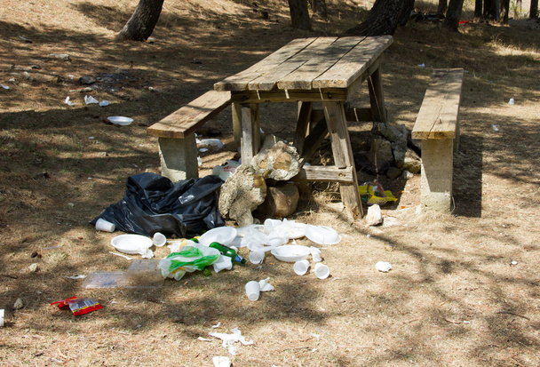 Mesa de picnic con basura
 - Foto, imagen