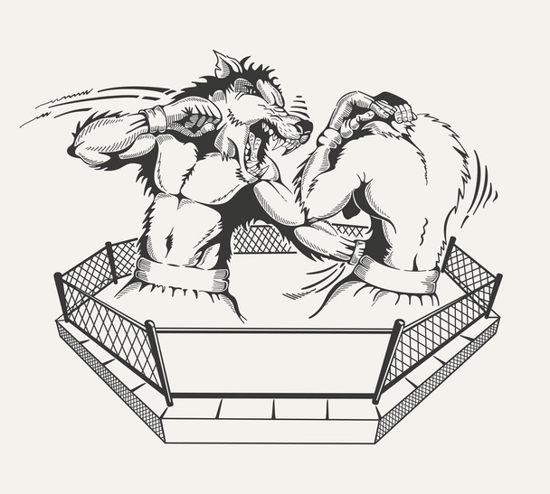 zwei Boxer kämpfen mit dem Körper eines Menschen und einem Wolfskopf im Ring. - Vektor, Bild