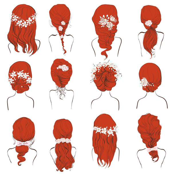 さまざまなヘアスタイル, 結婚式のヘアスタイルのセット、花のヘアー スタイル スケッチ女性髪型頭, - ベクター画像