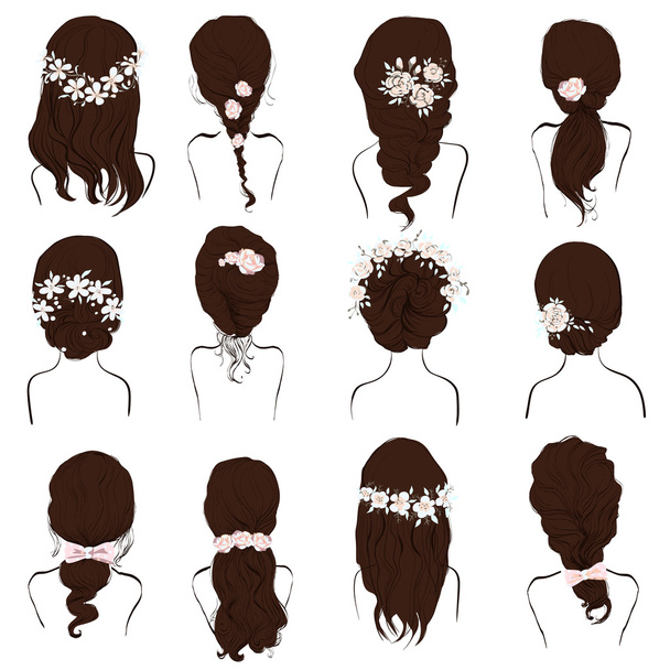 verschiedene Frisuren, Hochzeitsfrisuren, Frisuren mit Blumen, - Vektor, Bild