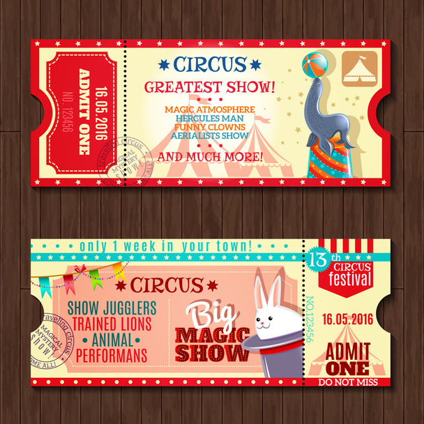 Circus show two vintage tickets set - Διάνυσμα, εικόνα