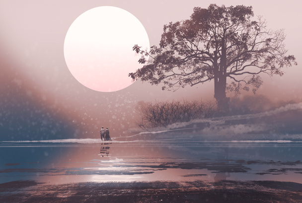 love couple in winter landscape with huge moon above - Photo, Image