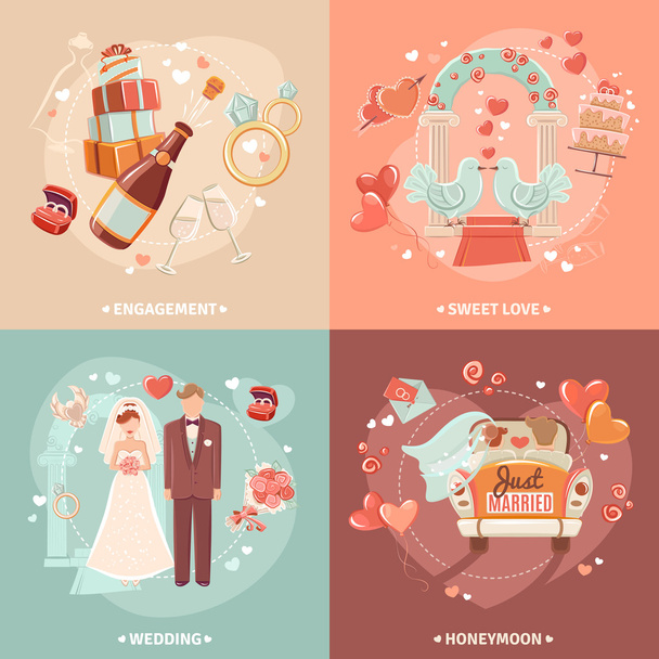 Wedding concept 4 flat icons square - Vector, Image