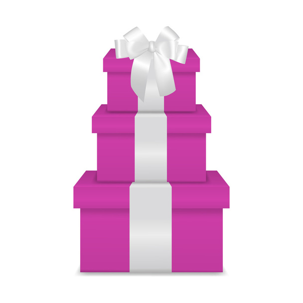 Stapel van drie realistische roze geschenkdozen met wit lint en boog - Vector, afbeelding