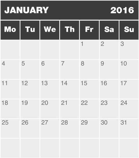 Klasický měsíční Plánovací kalendář - leden 2016 - Vektor, obrázek