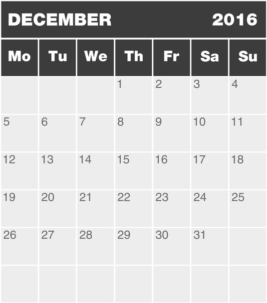 Calendario clásico de planificación de meses - Diciembre 2016
 - Vector, imagen