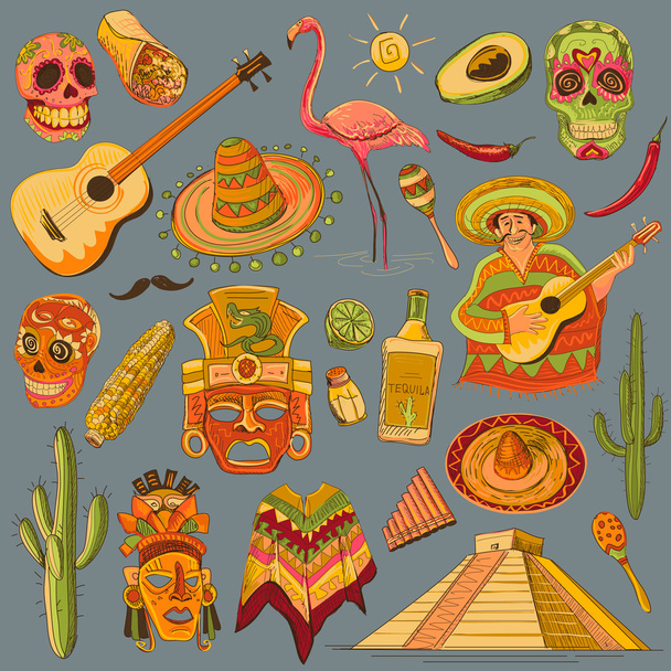 Hand drawn Mexico icons set - Vektor, Bild