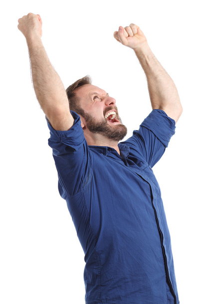 Euphoric happy man raising arms isolated - 写真・画像