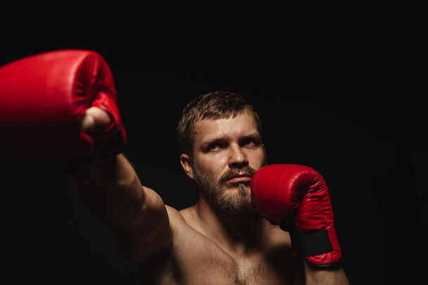 Athletic bearded boxer with gloves on a dark background - 写真・画像