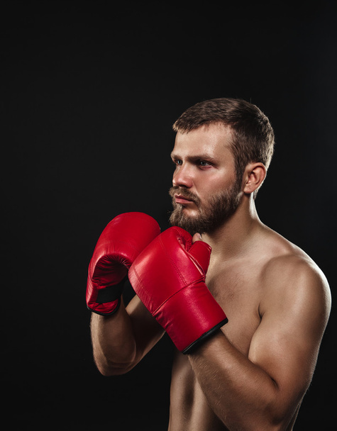 Athletic bearded boxer with gloves on a dark background - Photo, Image