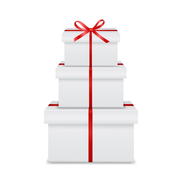 Pila di tre realistiche scatole regalo bianche con nastro rosso e fiocco
 - Vettoriali, immagini