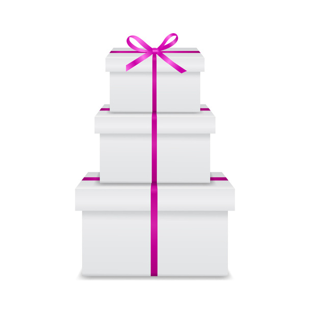 Stack of three realistic white gift boxes with pink ribbon and bow - Вектор, зображення