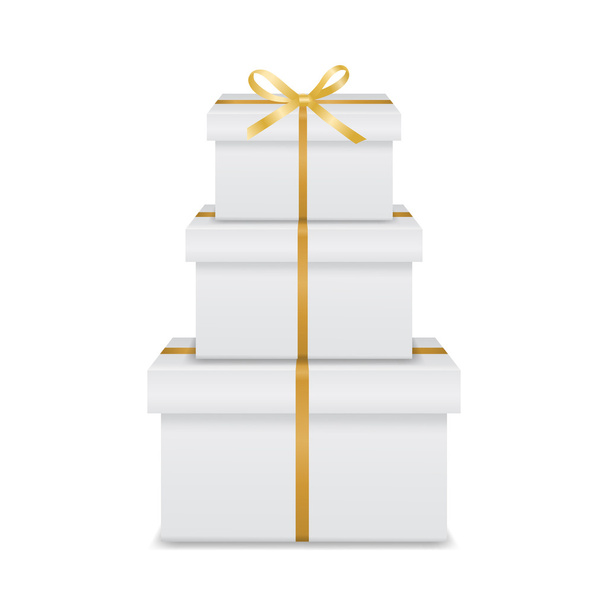 Stack of three realistic white gift boxes with golden ribbon and bow - Вектор, зображення
