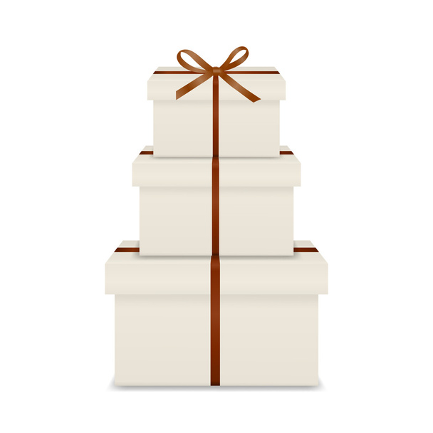 Stack of three realistic white gift boxes with brown ribbon and bow - Vektori, kuva