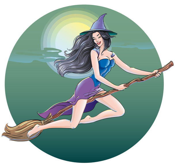 Beautiful sexy witch flying in the Halloween night on a broom through the night sky on the background of the moon and clouds - Vector, Image