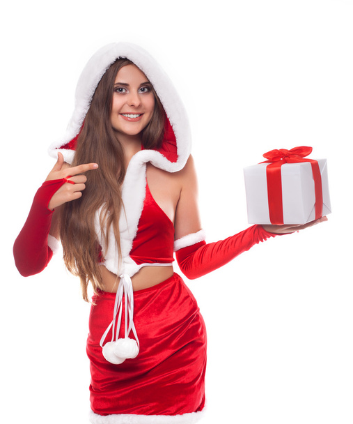 Beautiful and emotional Santa girl in Christmas swimsuit with pr - Photo, image