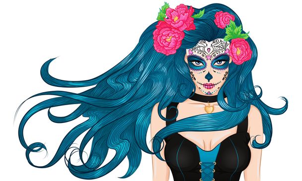 Cheveux longs fille de maquillage mexicain Sugar Skull - Vecteur, image