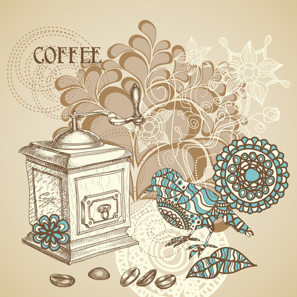 Retro coffee background featuring decorative bird grinding coffe - Vector, imagen