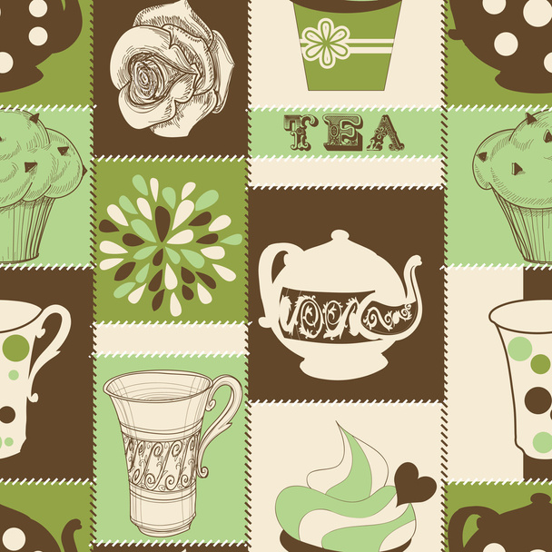 Retro tea and cupcake seamless pattern - ベクター画像