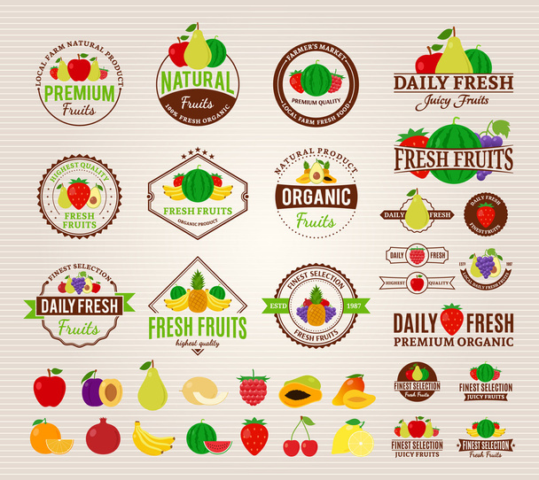 Φρούτα λογότυπα, ετικέτες, εικονίδια φρούτα και στοιχεία σχεδίασης - Διάνυσμα, εικόνα