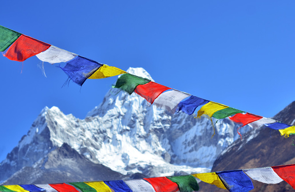 Kleurrijke Gebedsvlaggen en Ama Dablam, Everest regio, Nepal - Foto, afbeelding
