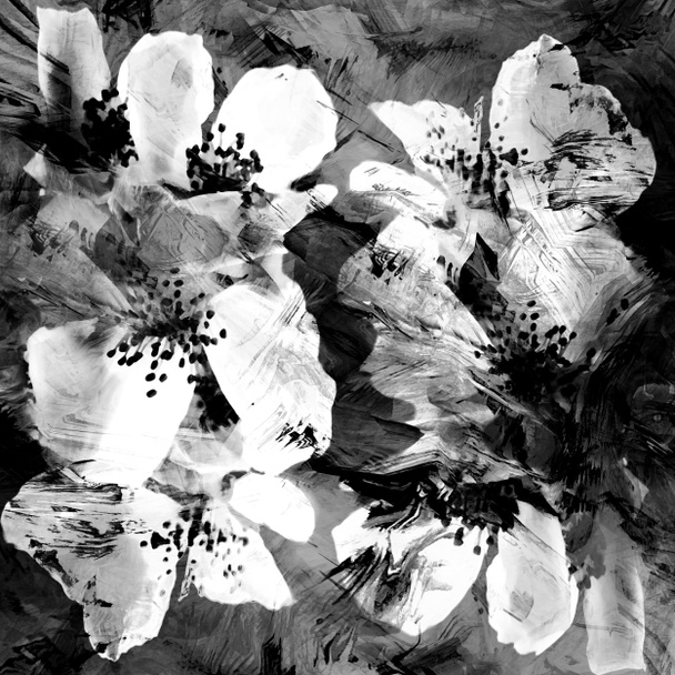 Стилизованные белые цветы айвы на гранж полосатом черном фоне
 - Фото, изображение