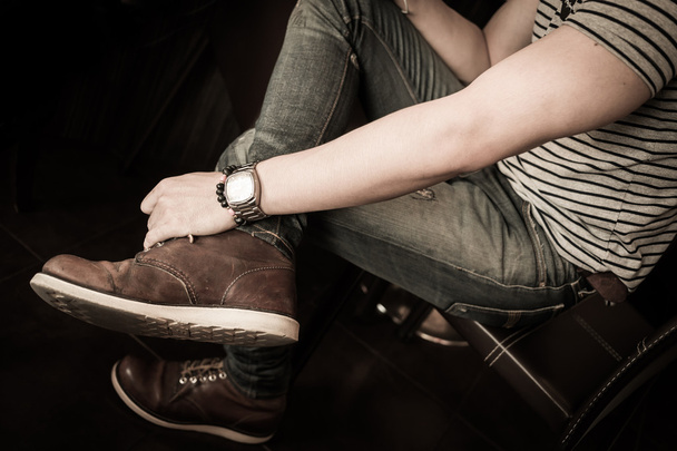 régi barna csizma-bőr cipő divat, férfi, közeli képet - Fotó, kép