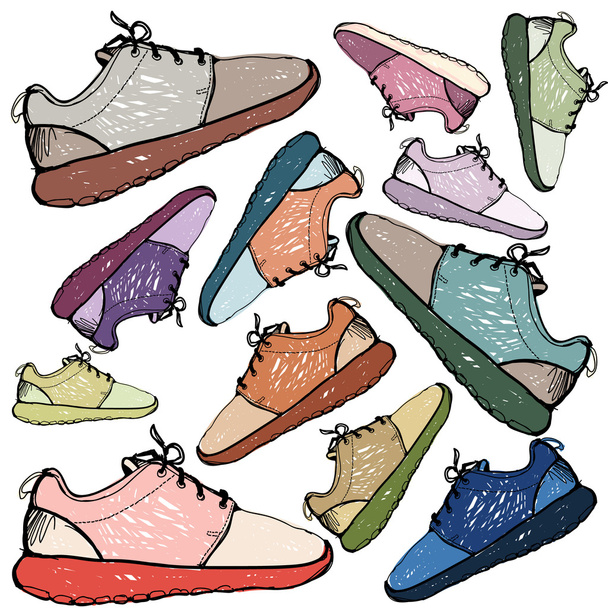 colorful running shoes sneakers sketch drawn by hand - Vector, Image