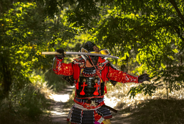 Samurai em armadura antiga, com uma espada pronta para atacar
 - Foto, Imagem